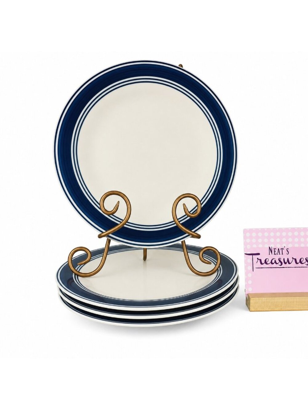 Mainstays CASUAL BANDED ROYAL BLUE Rings Stoneware White Dinner Plates Set of 4